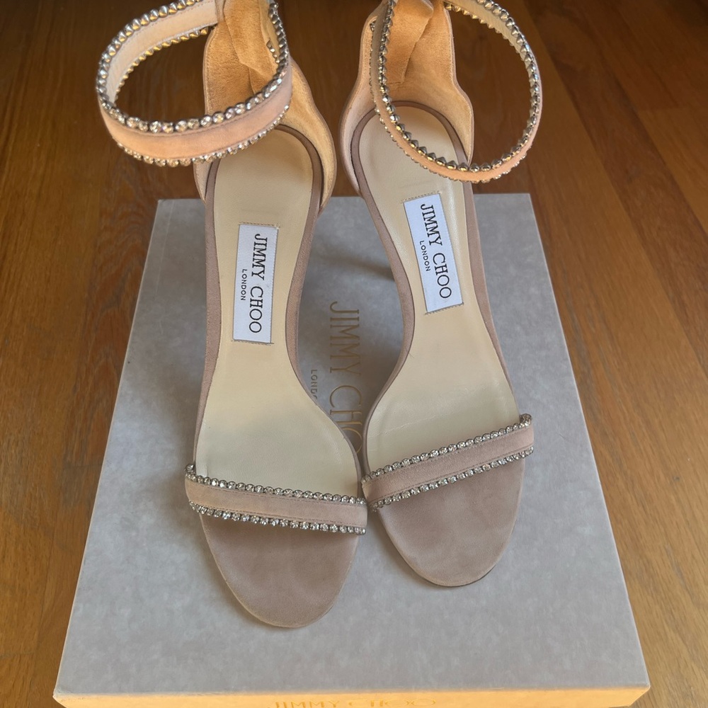 Jimmy Choo Tan Heels with Crystal Embellishments